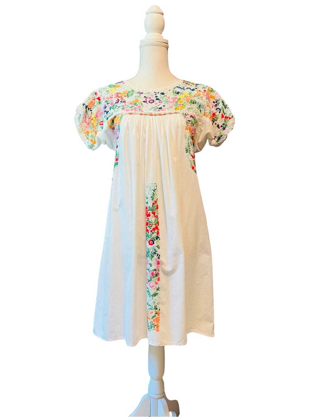 Hand Crafted Cream Colored Midi Dress with Multicolor Floral Embroidery - Flawed